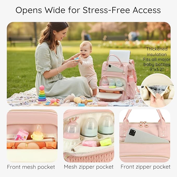 AIJIEKE Large Diaper Bag Backpack, Extra Wide Travel Diaper Bag, Pink | Multi-functional waterproof maternity bag. Changing pad, stroller straps, insulated wet/dry pocket. Mom, dad, toddler travel - Image 5