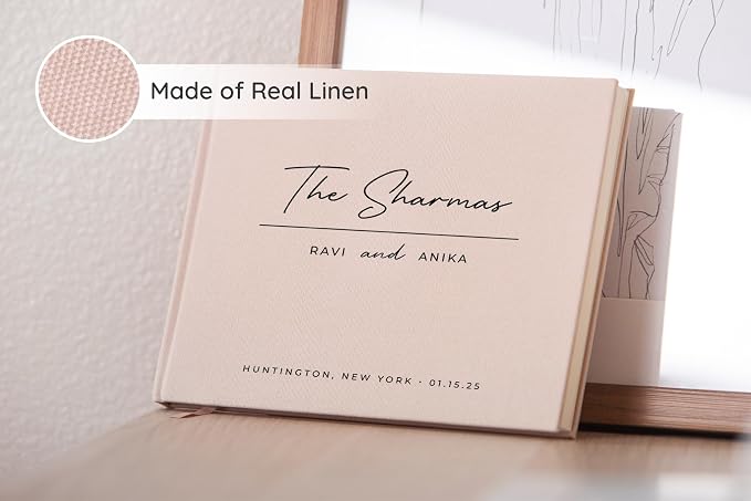 Personalized Linen Guest Book (Design 5) - 9 x 7.5 Hardcover Custom Wedding Guestbook Bride Groom Name Date Location Venue, Reception Ceremony Engagement Party Keepsake Signing Book w/ 120 Blank Pages - Image 3