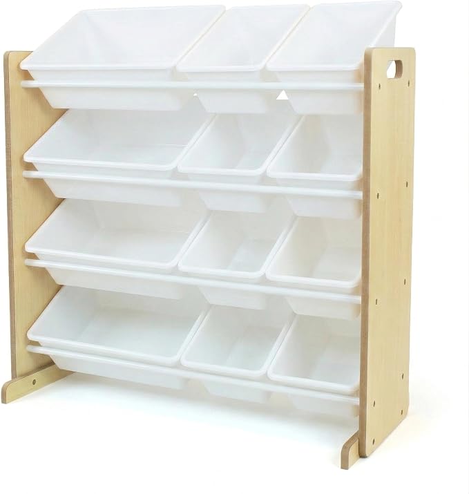 Humble Crew Kids Toy Organizer with 12 Bins, 4 Tier Storage for Playroom | Sturdy wood and steel toddler shelf, removable BPA-free containers, wall anchor anti-tip safety kit for bedroom or classroom by HumbleCrew
