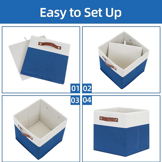 Temary 11 Storage Cube Bins for Shelves, Closet - 4 Pack Fabric Baskets With Leather Handles (White & Blue) - Image 7