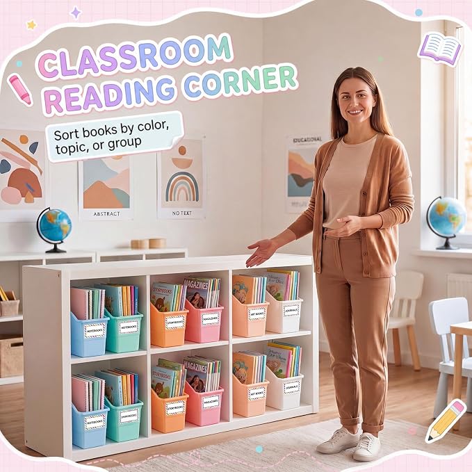 Blosssound 24 Set Book Bins for Classroom Stackable,Cloud Pastel | Plastic Baskets with Labels, Slanted Front, Library Supplies Organizers, Desktop Storage Bins, Teachers Home School Use - Image 7