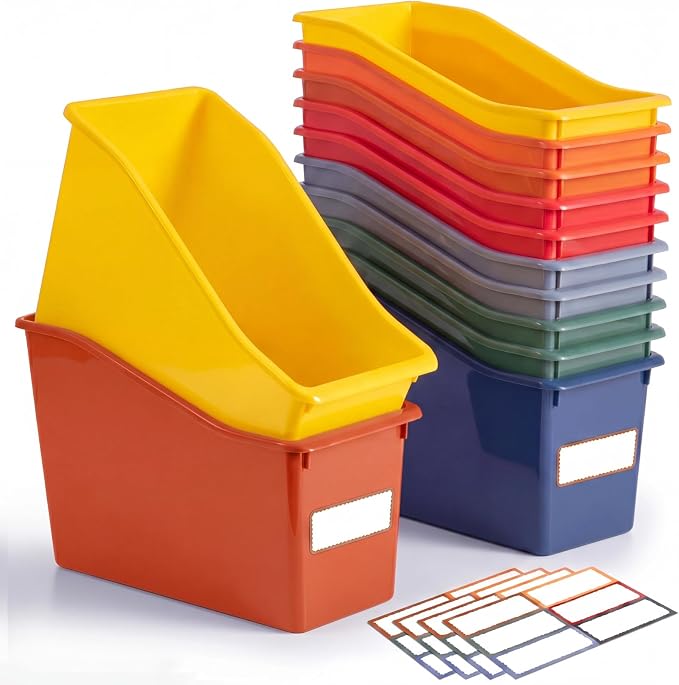 Geetery 12 Pcs Book Bin for Classroom with Labels Stackable Plastic Organizing Bins 11.5 x 5.4 x 7.5 in Book Holders Storage Bins Box Baskets for Classroom Library Home (Earth Tones) by Geetery