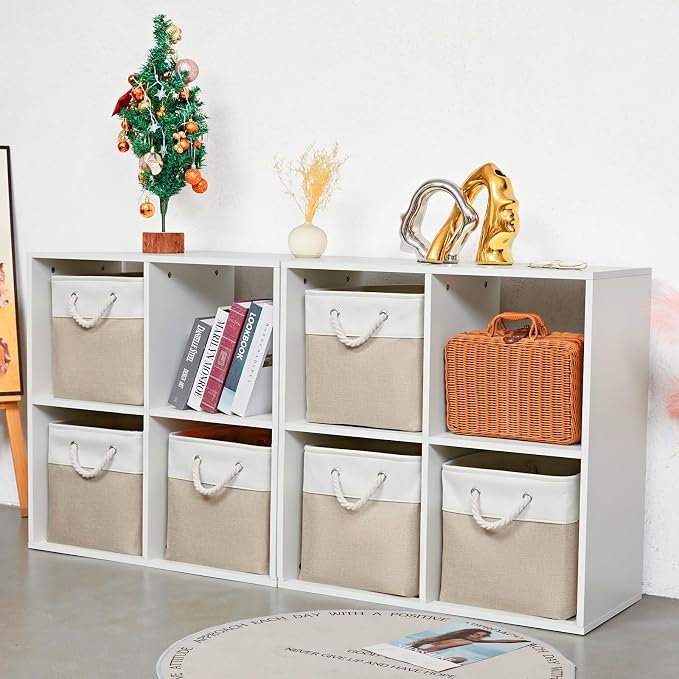MidmmVick 12 x 12 Inch Cube Storage Bins, 6 Pack Large Collapsible Fabric Storage Bin with Ropes, Foldable Storage Cubes for Home, Office,Closet, Clothes, Toys Organizer (White & Beige) - Image 6