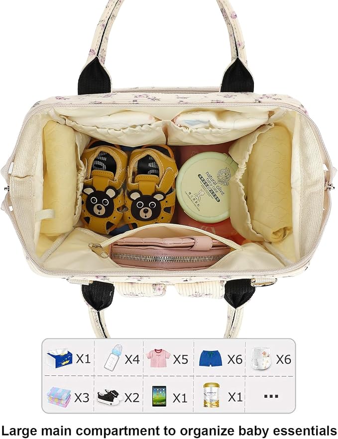 Corduroy Diaper Bag Backpack for Baby Girls Boys, Women Large Nappy Bags for Mom (Beige Corduroy Flowers Purple) - Image 5