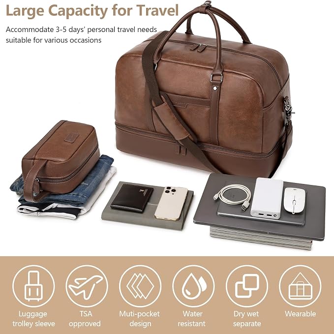 4-in-1 Waterproof Faux Leather Overnight Travel Bag for Women Men | Hospital Gym Weekender Bag Carry On Personal Item Travel Duffel Bags with Shoe Compartment Toiletry Bag Fit 21" Laptop - Image 3
