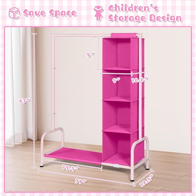 Univivi Kids Clothing Rack with Hanging Organizer, Rose Red and Pink | Toddler Dress Up Storage with Bottom Shelf, Sturdy Metal Dress Up Rack, Toddler Wardrobe Rack for Nursery, Playroom, Bedroom - Image 3
