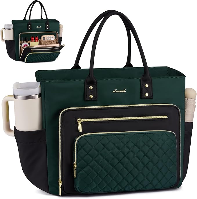 LOVEVOOK Laptop Tote Bag for Women, Work Bags Computer Laptop Bag, Teacher Tote Bag, Professional Briefcase Business Large Purses Handbag Gifts, Dark Green-Black, 17 Inch by LOVEVOOK