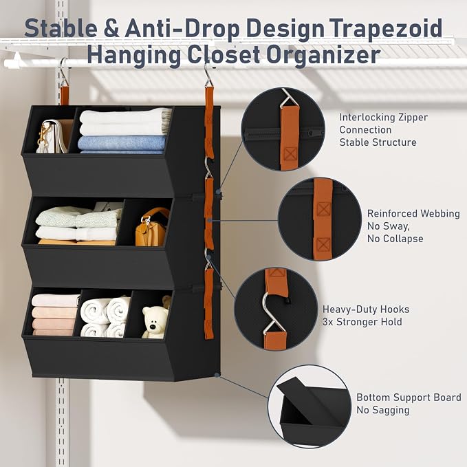 DIMJ Hanging Closet Organizer Extra Large, Clothes Hanging Shelves for Closet with Divider, Collapsible Closet Storage System, Fabric Storage Bins for Home, Black, 15.75 × 12.20 × 9.44, 3 Pack - Image 4
