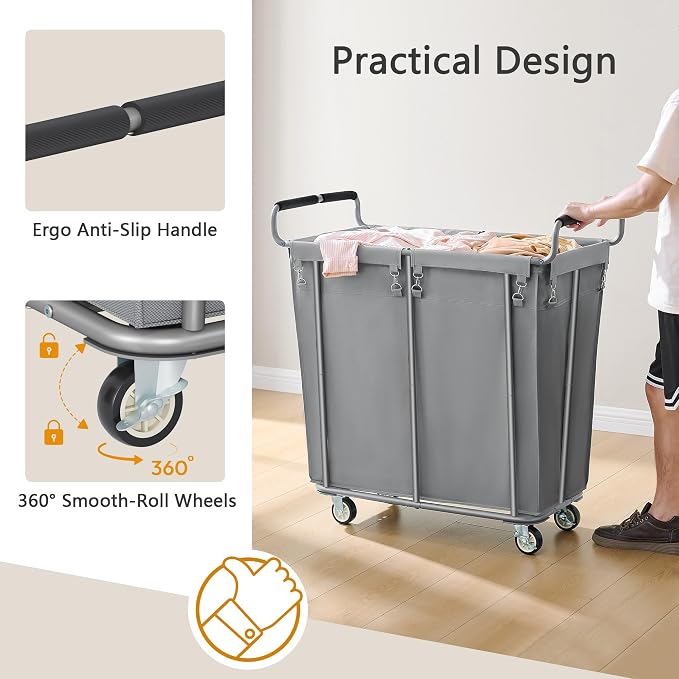 Gewudraw 360L Rolling Laundry Hamper with Wheels, 95 Gallons, Grey | Heavy Duty Extra Large Rolling Laundry Cart with Handle, Steel Frame, Waterproof Liner, Large Clothes Storage Basket - Image 6
