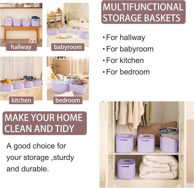 OIAHOMY 4 Pack Storage Baskets for Organizing 15L Cube Storage Bins Purple | Woven Baskets for Storage Rectangle Small Baskets With Handles Baskets for Shelves Wicker Baskets for Shelves 12.7x9x7.8inch - Image 6