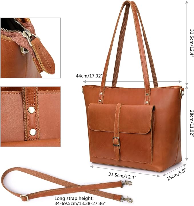 S-ZONE Women Vintage Genuine Leather Tote Bag Large Shoulder Purse Work | 14" Padded Laptop Compartment, Detachable Long Strap, Luggage Strap, Multi Pockets, Travel Everyday - Image 4