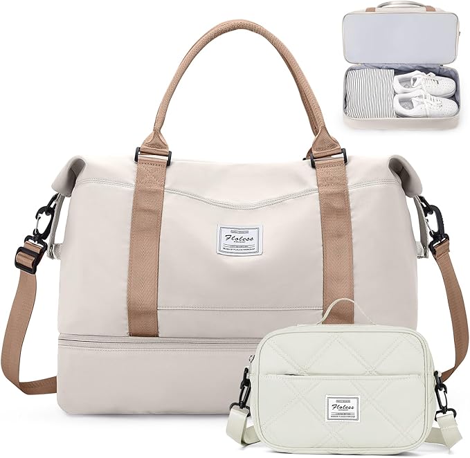 Weekender Bags for Women,Personal Item Travel Bag with Shoes Compartment,Overnight Travel Duffel Bag with Quilted Toiletry Bag,Beige&Brown by SYCNB