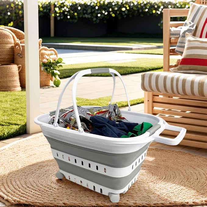 SAMMART 35L (9.24 Gallons) Collapsible Plastic Laundry Basket with Handle and Wheels - Foldable Pop Up Storage Container/Organizer with handle and wheels - Space Saving (1, White/Grey) - Image 2
