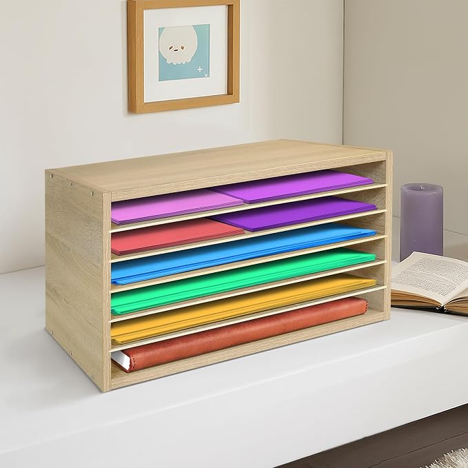 Construction Paper Organizer 20" x 13.5" x12.2",Soild Wooden Paper Organizer with 6-Tier Letter Trays, Desktop File Papers Sorter for Home, Classroom and Office (White Oak) - Image 6