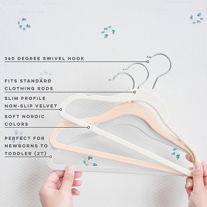3 Sprouts Velvet Baby Hangers, Non Slip Slim, Cream/Gray/Hazelnut, 30 Pack | Non-slip velvet, Notched shoulders, 360-degree swivel hook, 11.75 x 8 in, Infant and toddler clothes, Soft colors for nursery - Image 3