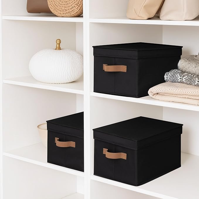 StorageWorks Fabric Storage Bins with Lids, Closet Storage Bins | Lidded Dust-proof, Easy Pull Handles, Foldable, Stackable, Ideal for Clothes Blanket Towel, Large, Black, 3-Pack - Image 5