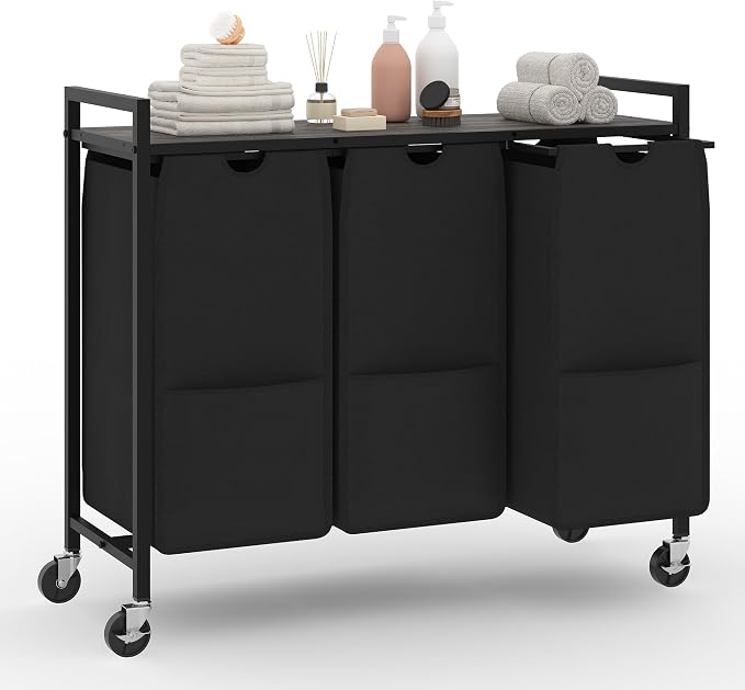 Garvee Rolling Laundry Hamper with Shelf, 3-Section Laundry Sorter with Removable Bags & Wheels, Heavy Duty Clothes Basket Organizer for Laundry Room, Bathroom, Bedroom, Greige & Black, 120L | Laundry Sorter with Removable Bags & Wheels, Heavy Duty Clo... - Image 9