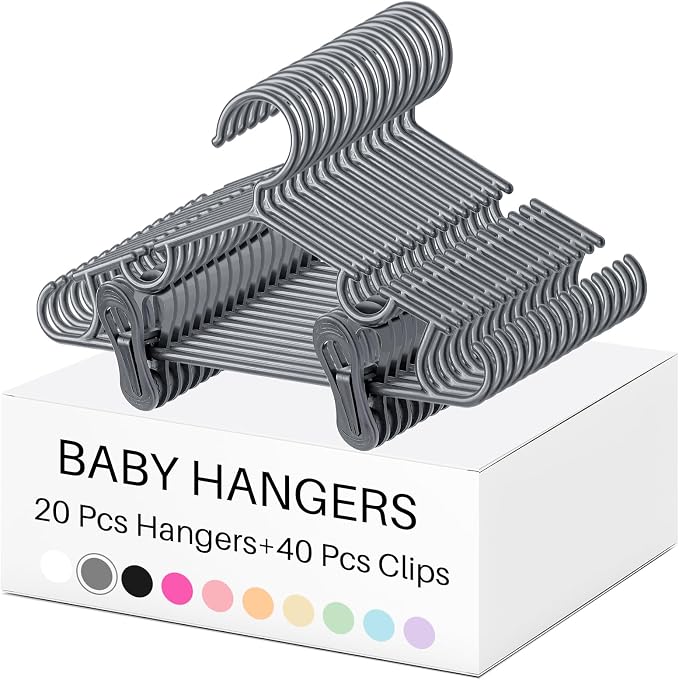Hsei Baby Hanger with Clip for Pant,60 Packs Total,Gray,10.6 Inch | 20 Kids Plastic Hanger with 40 Clips for Newborn, Nursery, Daycare, Preschool, Closet, Wardrobe Organizer for Baby Shower by Hsei