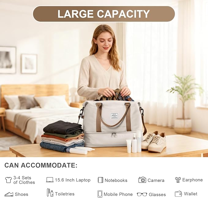 Travel Duffel Weekender Bag Women Tote Carry On Bags With Shoe Compartment | 18x14x8 inches Travel Overnight Bags with Trolley Sleeve for Airplanes Sport Tote Gym for Men Lightweight Daypack-Blackbrown - Image 5