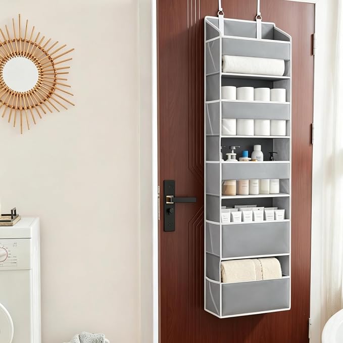 5 Tiers Over The Door Organizer Hanging for Closet (Grey, 2pcs) | EXTRA THICK & 50lbs HUGE CAPACITY, 10 Side Mesh Pockets Over The Door Shoe Organizer,Diaper Organizer, Bedroom, Bathroom - Image 8
