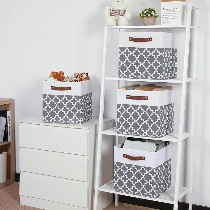 Temary 12x12x12 Fabric Storage Bins 4 Pack with Leather Handle, Foldable Cubes Storage Box Baskets for Closet, Shelf (White&Lattice) - Image 5