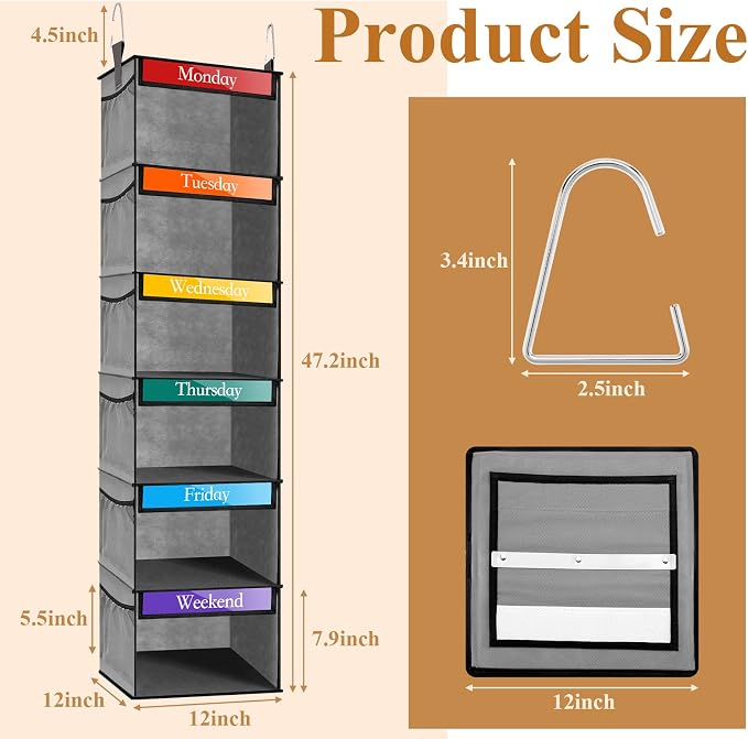 2 Pcs 6 Shelf Hanging Weekly Clothes Organizer for Kid,Gray | Closet Organization, Hanging Closet Shelves with Side Pockets, Labeled Shelves with Days of The Week Monday Through Weekend - Image 2