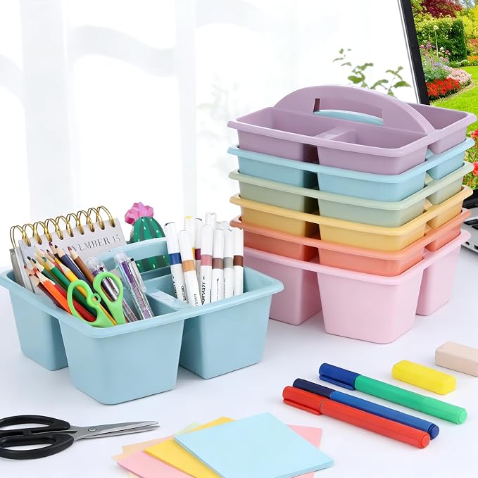 gisgfim 6 Pack Classroom Caddy with Handle Plastic Storage Caddy Organizer with 3 Compartments Desk Caddies Holder Portable Storage Bin for Pencil, Crayon, Marker, Home, Office, School Supply(Pastel) - Image 4