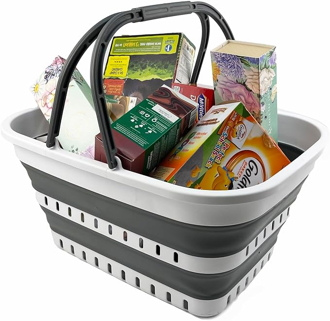 SAMMART 26L (6.8 Gallons) Collapsible Plastic Laundry Basket with Handle-Foldable Pop Up Storage Basket with handle (White/Steel Grey) - Image 6
