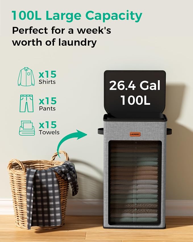 100L Laundry Hamper with Lid, Durable Laundry Basket Made of Cationic Fabric, Collapsible Large Clothes Hamper with Removable Bag for Home Dorm - Image 3
