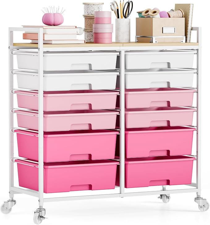 TOOLF 12 Drawers Rolling Storage Cart with Wooden Top for Classroom,Pink | Teacher Cart Craft Art Supply Organizer, Utility Cart with Lockable Wheels for Home Household Essentials, Office Organization by TOOLF