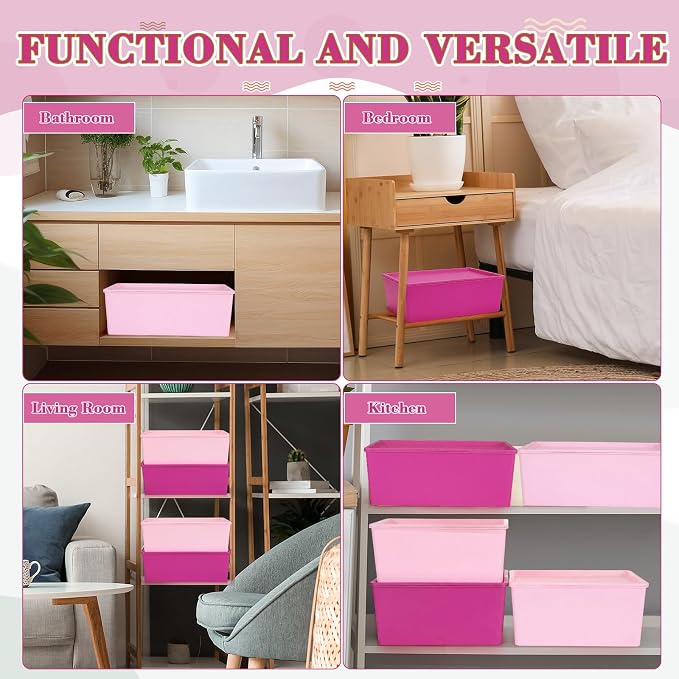 6 Pcs Pink Large Plastic Storage Bins with Lids | 14.4 x 10.4 x 5.1 Inch, Stackable Storage Containers, Decorative Cubby Organizer for Clothes Shelves Garage Closet Office - Image 5