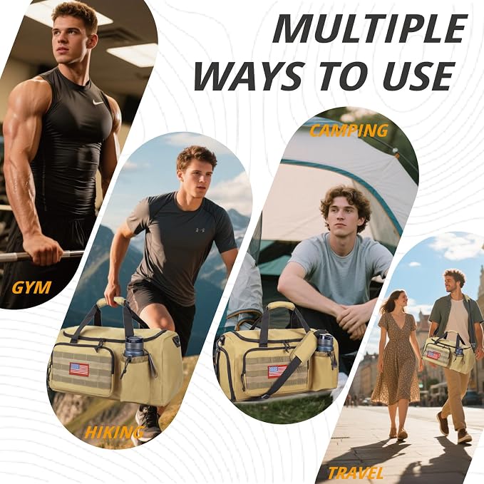 Tactical Gym Bag for Men, 60L Duffle Bag with Shoes Compartment for Travel | Water-Resistant Sports Weekender Bag with Adjustable Shoulder Strap Wet Pocket for Gym,Travel,Hiking,Camping Overnight Trips - Image 2