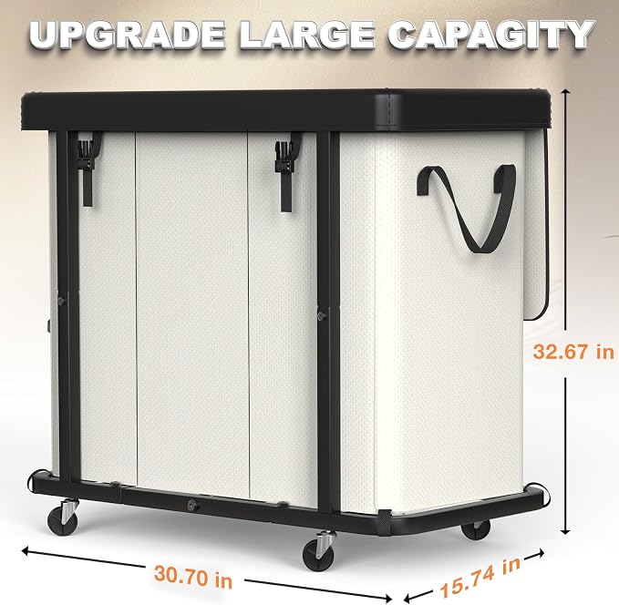 Laundry Basket with Wheels, 230L(60Gal) Laundry Sorter 3 Section - Beige | Leather Patchwork Laundry Hamper, Sturdy Metal Frame, Removable Washable Bag, Tall Clothes Sorter for Bedroom - Image 6