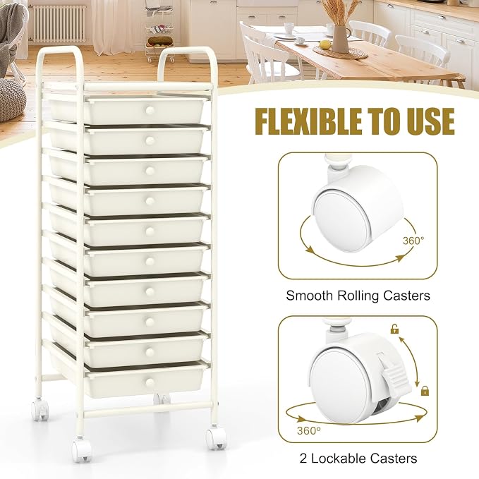 GOFLAME 10-Drawer Rolling Storage Drawer Cart, Utility Cart with Removable Drawers & Metal Frame, Mobile Art Craft Drawer Cart with Lockable Wheels for Home, Office, Studio, School, White - Image 5