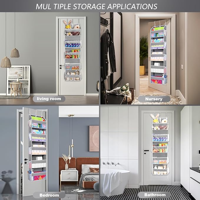 TAHAVICE 2 Pack Over the Door Storage Organizer, 5 Large & 10 Mesh Pockets | Hanging Storage Organizer with 40lb Capacity and Door Storage Space Saving for Bedroom,Bathroom,Nursery,Babyroom(Light Gray) - Image 4