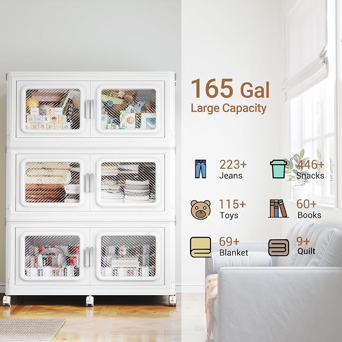 BROVIEW 660 Qt Extra Large Stackable Storage Bin with Lid, 3 Pack White | 165Gal Extra Large, Collapsible Storage Boxes with 3 Lids, Folding& Rolling Plastic Drawer, Heavy-Duty Cabinet Organization - Image 7