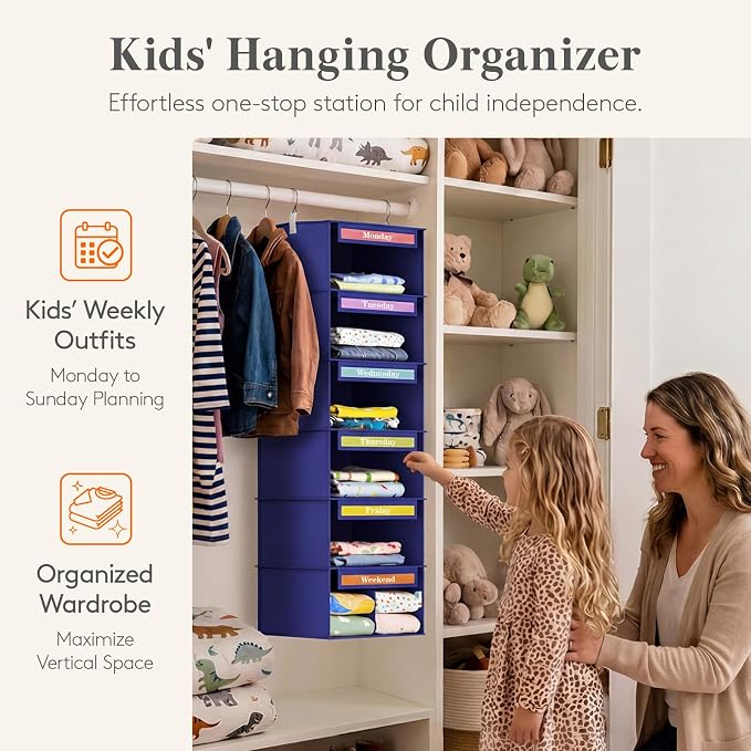 Lifewit 6 Shelf Weekly Hanging Clothes Storage Organizer for Kids, Blue | Closet Storage with Color Labels for School Outfits, Daily Clothing Divider with Days of The Week Monday to Friday Weekend - Image 7