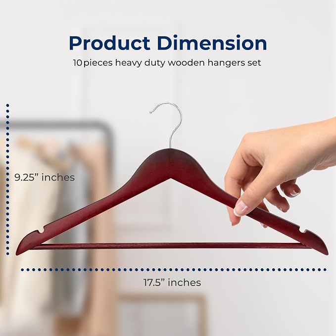 SereneLife 10-Pack Wooden Coat Hangers – Durable Suit Hangers with 360° Swivel Hook & Notches – Slim Design for Sweater, Shirts, Jackets, Dresses, and More - Image 2