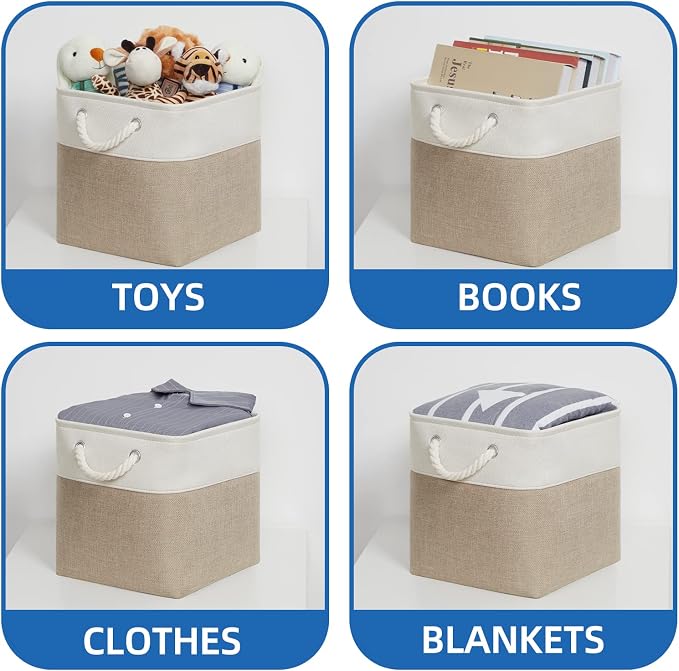 Temary Cube Storage Bins 11 x 11 Fabric Storage Baskets 4 Pack Storage Cubes Baskets for Gift Empty, Cube Organizer Bins Cloth Basket for Storage (White&Khaki) - Image 5