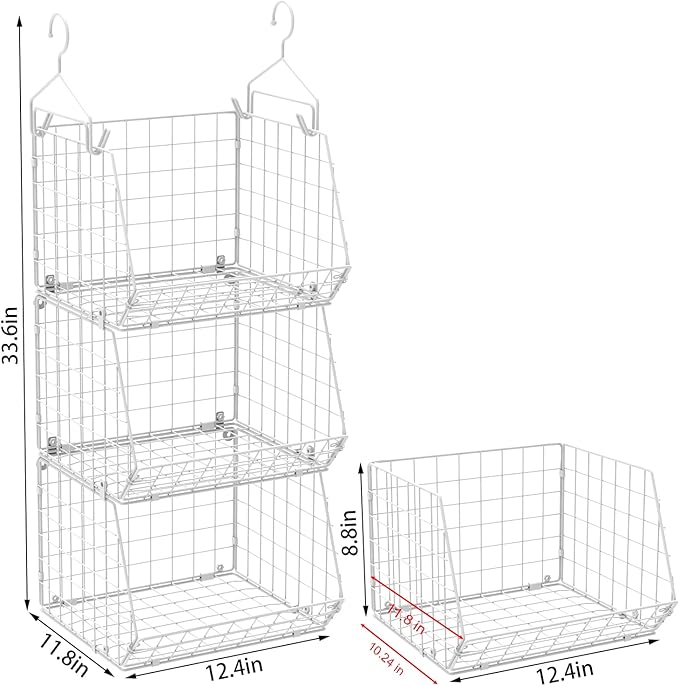 X-cosrack 3 Tier Foldable Closet Organizer, Clothes Shelves with 5 S Hooks, Wall Mount&Cabinet Wire Storage Basket Bins, for Clothing Sweaters Shoes Handbags Clutches Accessories-White Patent Design - Image 3