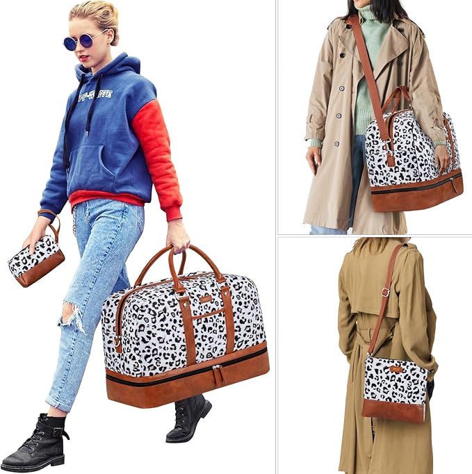 Weekender Bag for Women, Large Overnight Bag Canvas Travel Duffel Bag Carry On Tote with Shoe Compartment 21" 3Pcs Set - Image 6