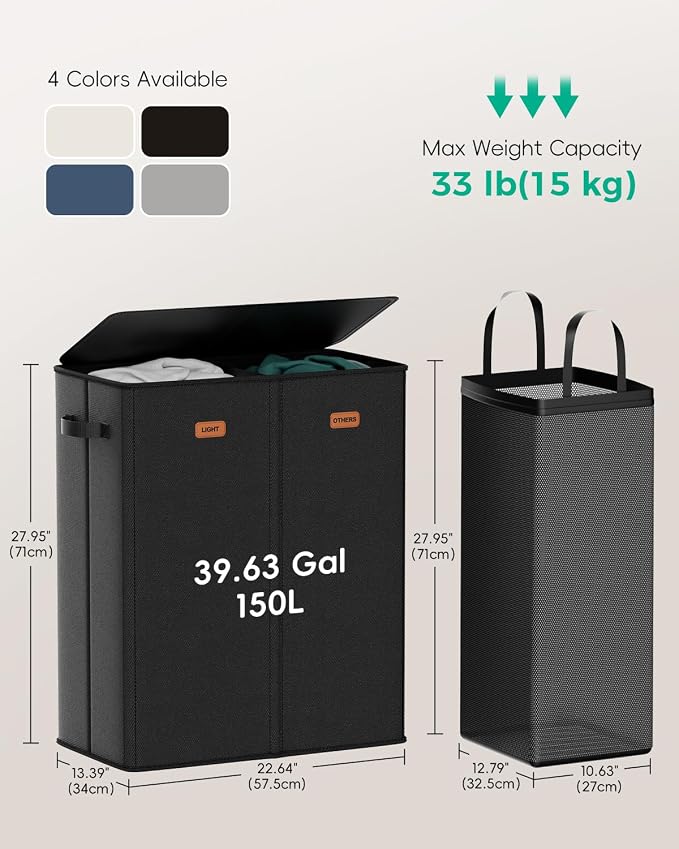 150L Double Laundry Hamper with Lid – 2-Section Clothes Hamper with Removable Bag for Bathroom, Bedroom, Laundry Room & Dorm - Image 3