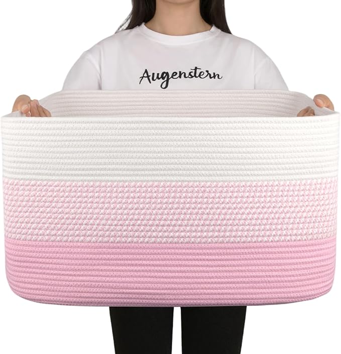 OIAHOMY Blanket Basket Laundry Basket Dog Toy Basket 75L Pink/White | Large Storage Basket,Baby Basket,Toy Storage,Woven Rope Basket for Blankets,Blanket Storage for Living Room by MasterofSpaceOptimization