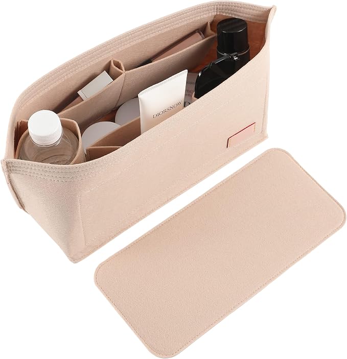 Purse Organizer Insert for Handbags & Base Shaper 2pc Set, Felt Neverfull PM Organizer Insert, Tote Bag Organizer with Zipper Pocket and Bottle Holder, Fit Neverfull PM and More, Beige-M by Doxo