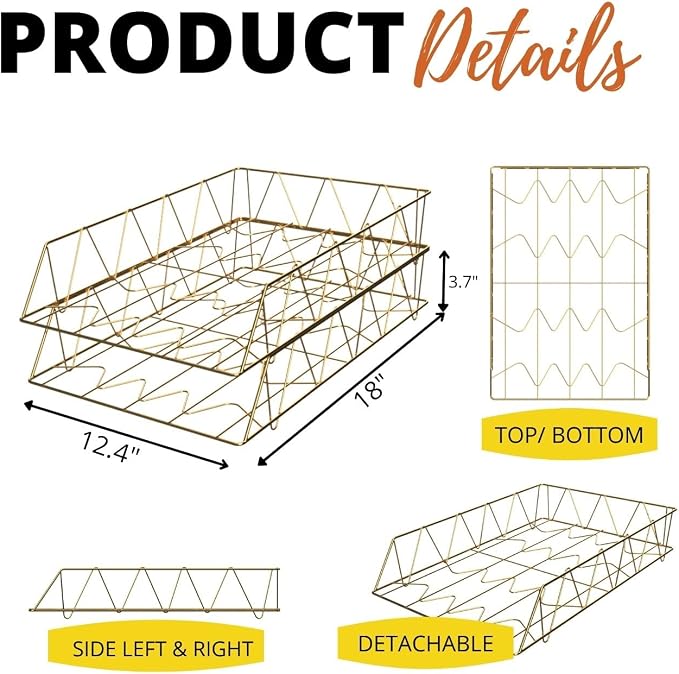 Performore 11x17 Stackable Metal Paper Tray Organizer, 2-Tier Wire Desk Trays for Office & Home, Gold File Holder for Documents, Mail, Folders & Tabloid-Size Paper - Image 2