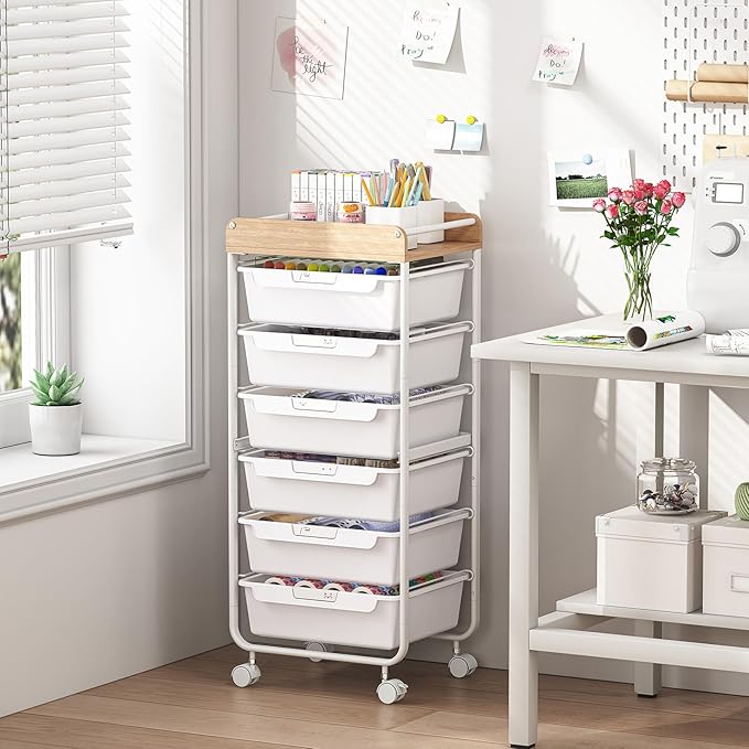 SYKIARIOL Rolling Cart with 6 Drawers,Art Craft Organizer and Storage,White | Utility Storage Cart with Drawers,Makeup Organizer With Wooden Tabletop - Image 6
