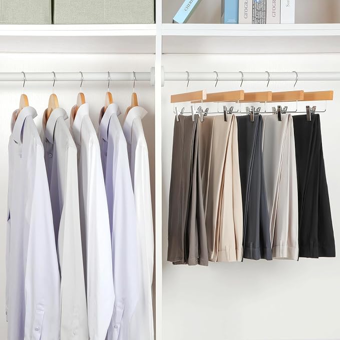 TOPIA HANGER Lotus Wood Pants Hangers, Natural Wooden Skirt Short Jeans Trouser Hanger with Smooth Surface 360° Swivel Hook Anti Rust 2 Adjustable Clips, 10 Pack, CT10PY - Image 3