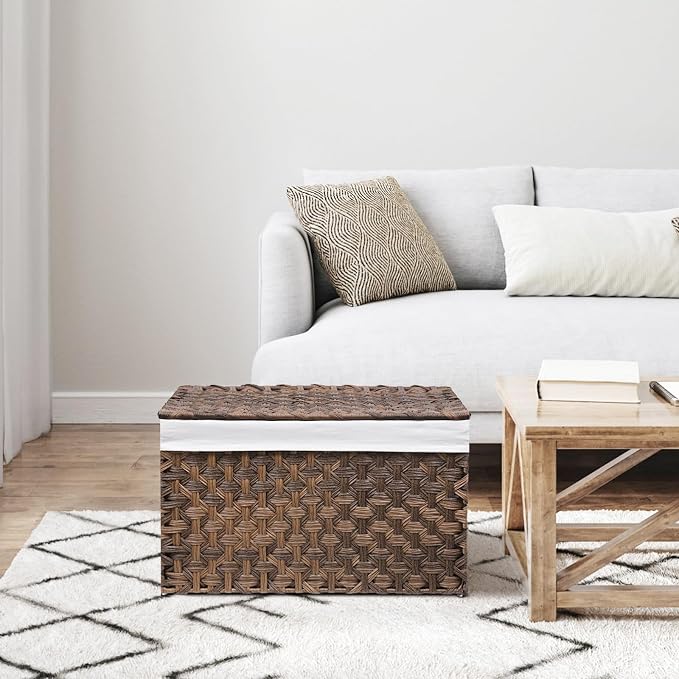 Wicker Storage Basket with Lid, 42.3 Gallon (160L) Large Blanket Basket with Lid, Woven Storage Bin with Handles, Removable Liner, Metal Frame, Foldable, for Bedroom, Laundry Room, Brown - Image 5