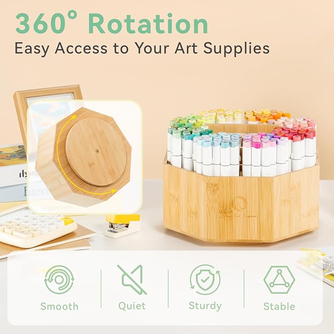 Ohuhu 360° Rotating Marker Organizer Holds 162 Honolulu & B Oahu Markers | 360-Degree Rotating Bamboo Desktop Storage Markers Pens Pencil Holder with 10 Compartments for Home Classroom Office Decor - Image 5