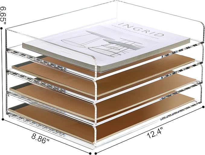 SANRUI 4 Tier Clear Desk Paper Letter Organizer Trays, A4 Stackable File Document Tray, Acrylic Desk Organizers and Accessories Sorter, Workspace Office Supplies Organizers,12.4inx8.86inx6.64in - Image 2